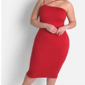 Red one shoulder spaghetti strap maxi dress